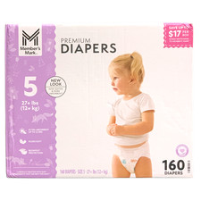 Member's Mark Premium Diapers, Hypoallergenic, Size 5 27 lbs. , 160 Count