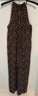 NWOT Worthington Wms L Maze Geo Halter Style Wide Leg Crop Jumpsuit Brown White