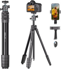 72'' Aluminum Camera Tripod, Travel Tripod with 360  Ball Head, Phone Holder, Ca