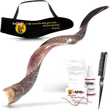 Half Polished Kosher Kudu Shofar Set from Israel, plus Bag, Officially Signed C