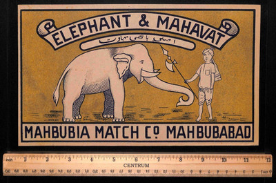 Indien Mahbubia Match Co XXL Matchbox Label Elephant & Mahavat, makellos & selten