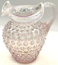 Fenton Pink Iridescent Hobnail Art Glass Small Pitcher Vase Applied Handle