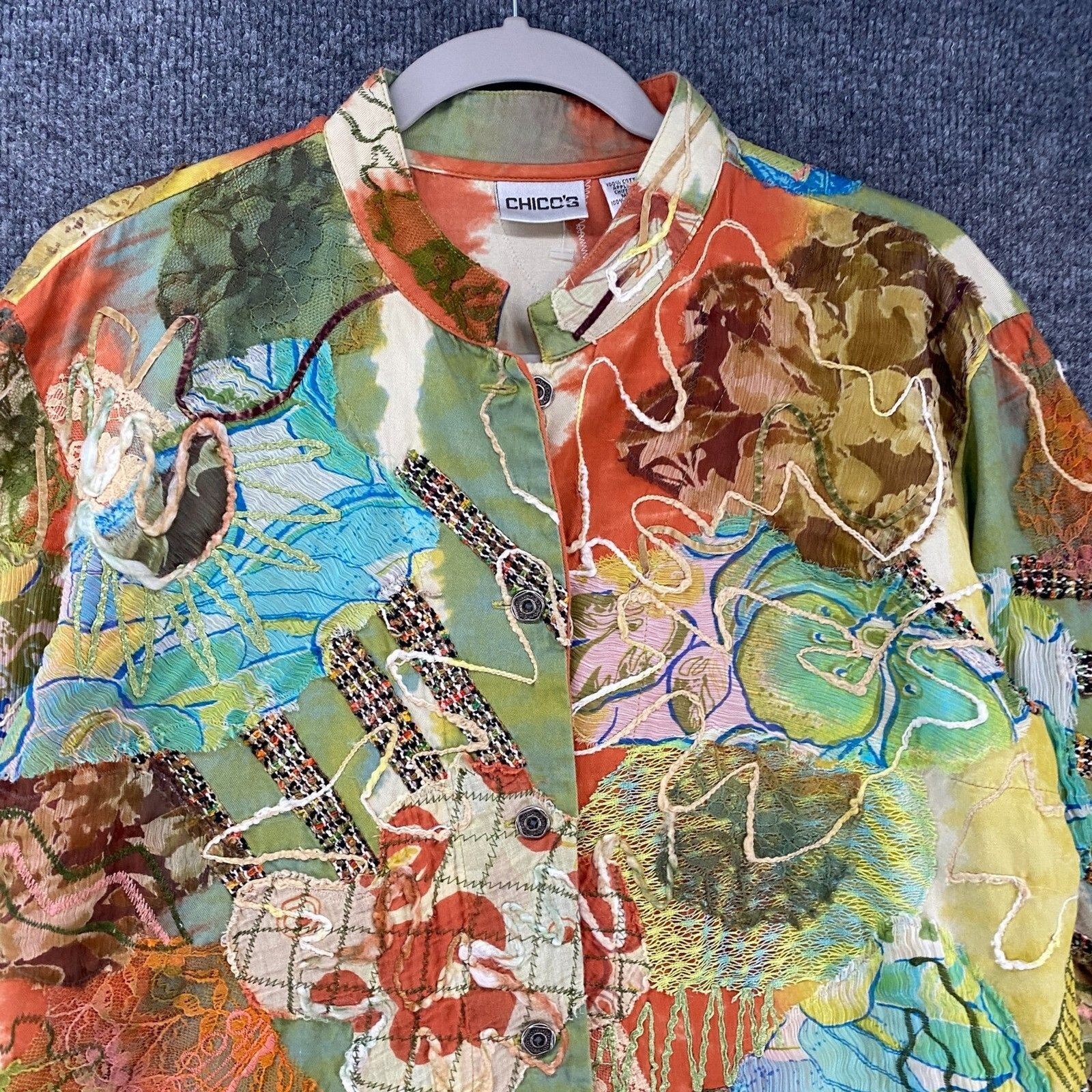 Chicos Jacket 2 Size L Patchwork Metal Button Up … - image 2