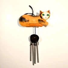Small 8" Wind Chimes With Carved Wood Orange Cat Suspender Indoor Outdoor New!