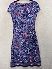 Talbots Paisley Faux Wrap Jersey Shift Dress XS Blue Pink Stretch Liquid Knit