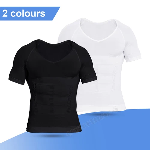 Camiseta de compresión para hombre adelgazante modeladora de cuerpo cuello en V ginecomastia abdomen - Imagen 10 de 49