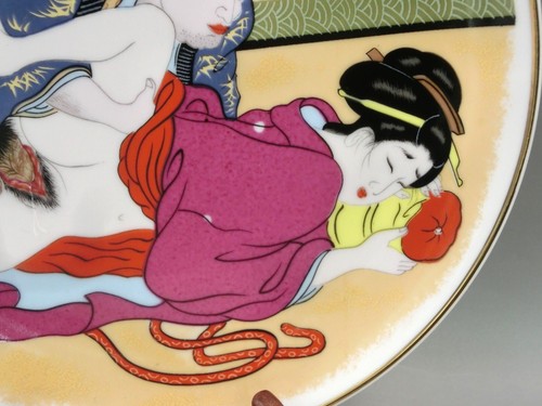 Quadro vintage porcellana giapponese SHUNGA PIATTO UTAMARO Larghezza:26,5 cm #2 - Foto 5 di 12