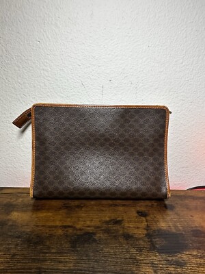 Vintage CELINE Clutch Bag PVC Leather Macadam Brown Auth from