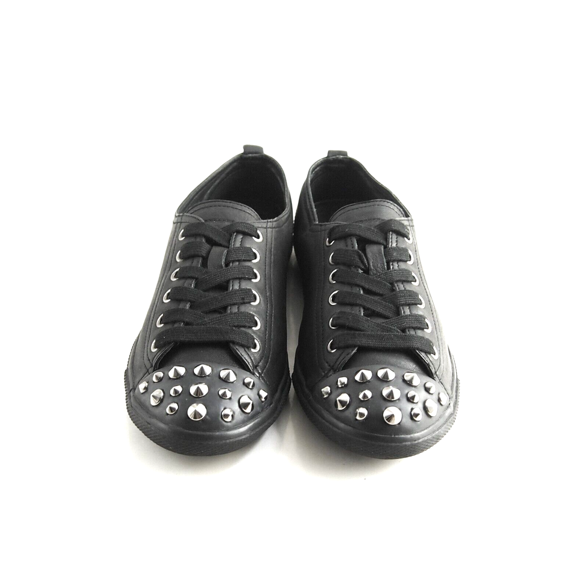 靴 PRADA38.5 Prada Studded Low Top Sneakers Black Leather Cap Toe Womens Shoe