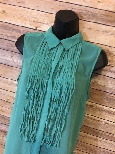 Angie Sleeveless Fringe Shirt Size Large Womens Green Western Button Down New - Picture 5 of 10