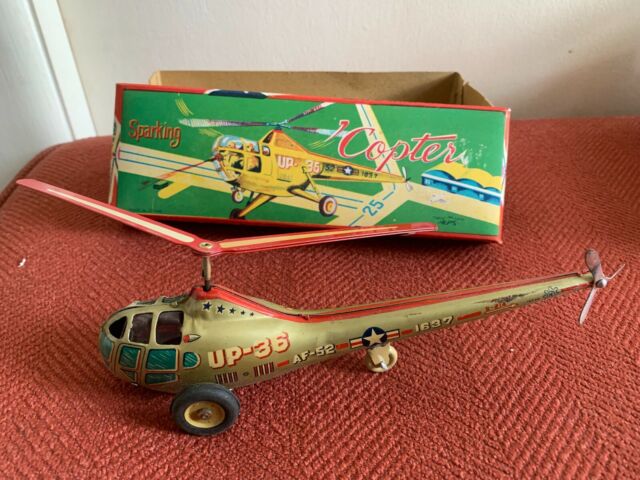 Alps Vintage Sparking Copter Friction Powered Tin Helicopter Toy W/ Box Japan