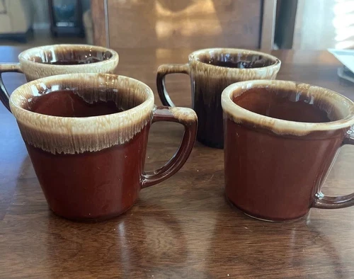Set of 4 Vintage McCoy Pottery Brown Drip Glaze Coffee Mugs Cups D Handle USA