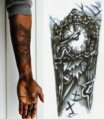 Temporary Tattoo Black Gothic Clock Fake Body Art Sticker Waterproof Mens Ladies