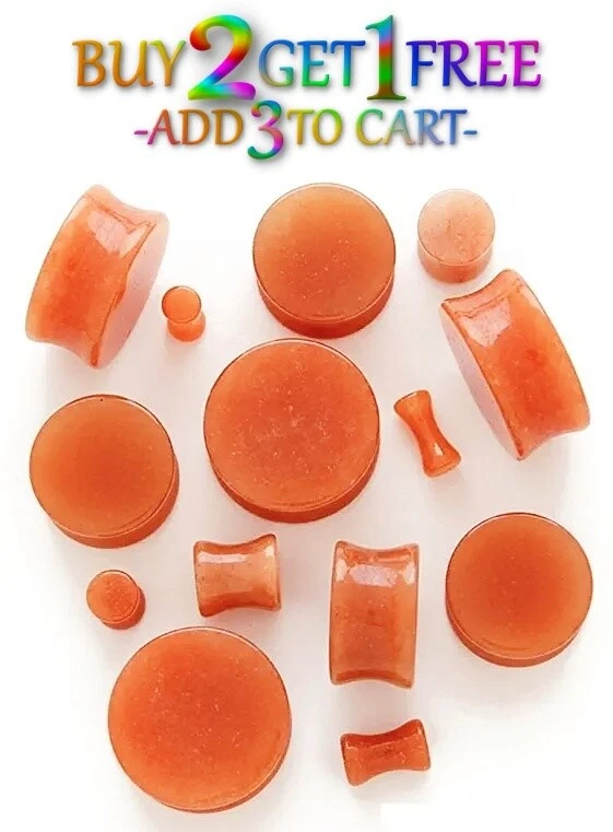 Par de tapones de piedra aventurina naranja 8g-1" Medidores de doble llamarada Orgánicos Oreja 1060 Foto 2 de 3