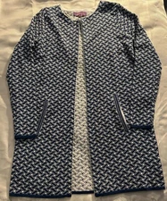 Sweet Sinammon Womens Basket Weave Print Open Jacket Blue Gold Elegant Long M