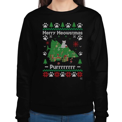 1Tee Damen Merry Meowstmas - Purrrrrrrrrr - Katze Kätzchen Sweatshirt Pullover
