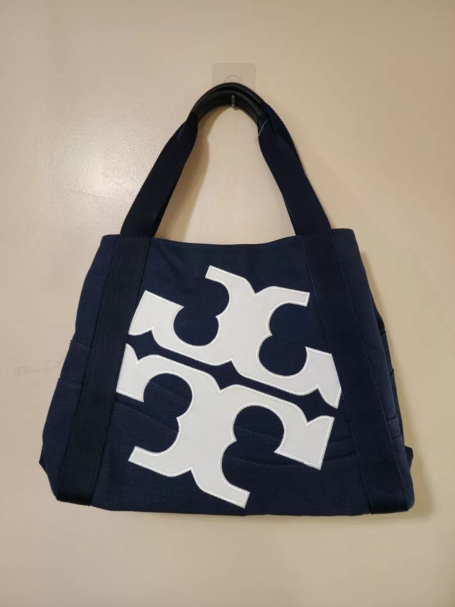 Tory Burch Bag Large Logo Tote Navy Blue White Nautical Canvas 18