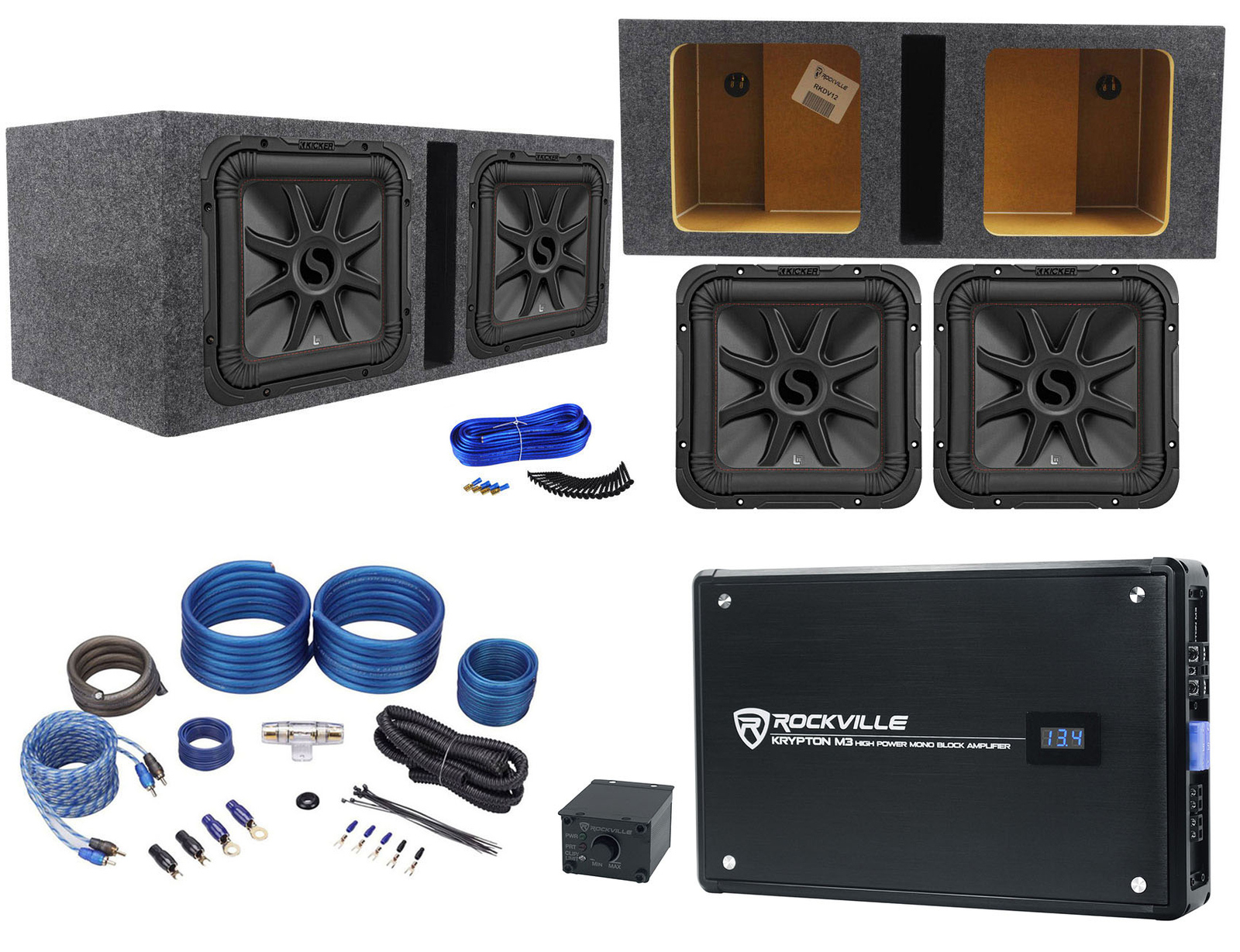 2 KICKER 45L7R124 12 сабвуферов L7R мощностью 2400 Вт Solo-Baric Вентилируемый сабвуфер Усилитель Провода 101990₽