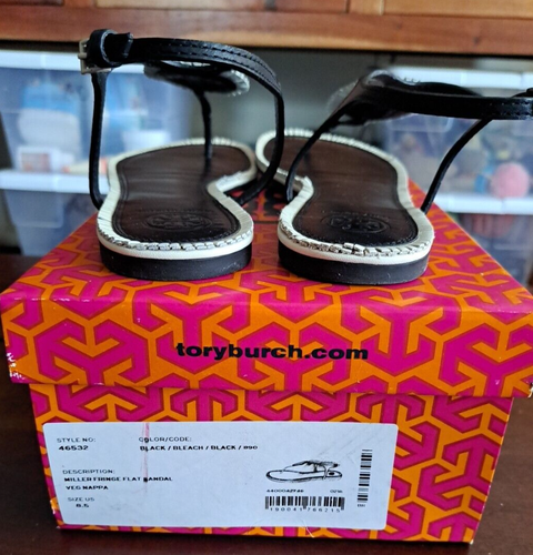 Tory Burch Miller Fringe Black White Size 8.5 Backstrap Sandals Vegan Leather - Picture 7 of 11