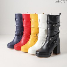 Womens Buckle High Block Heel Platform Ankle Boots Shoes Party Oversize 48/49/50