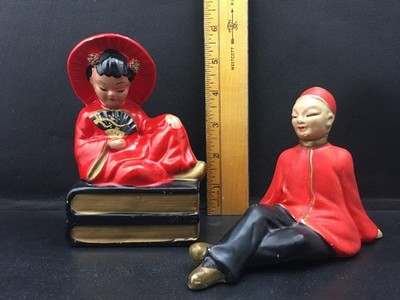 Mid Century Asian Couple Man Woman Figurines Lot Japan NAEISS Red Black