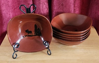 RARE! NATURE'S HOME Stoneware 6 Soup/Cereal Bowls, Moose Lodge Red, Pine Trees
