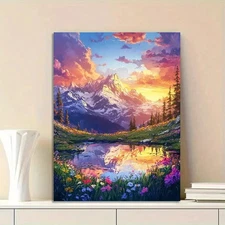 Beautiful Landscape Painting of Mountains, Flowers Metal Print Ready to Hang