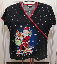 UA Scrubs Top Santa Claus Christmas Size L/XL Seasonal 2 Pockets Back Tie Belt