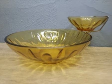 Hazel Atlas Amber Glass Chip And Dip Bowl Metal Holder Mid Century Party Holiday