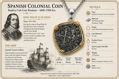 Colonial Pirate Cob Coin Pendant   Atocha Style 925 solid Sterling Silver 52mm