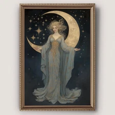 Vintage Woman Canvas Wall Art Dark Moon Painting Stars Artwork for Walls Dark...