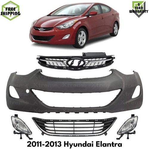 Front Bumper Cover Primed Plastic & Fog Lights Kit For 2011-2013 Hyundai Elantra