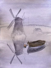 Original Painting Landscape Artworks Modern BOAT FOG WINDMILL Arts Seascape A4