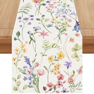 Linen Watercolor Flowers Spring Table Runner 72 Inches Long Spring Summer Eas...