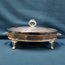Vtg Marinex Silver Plate Footed Buffet Server Blue Glass Oval Bowl & Lid 