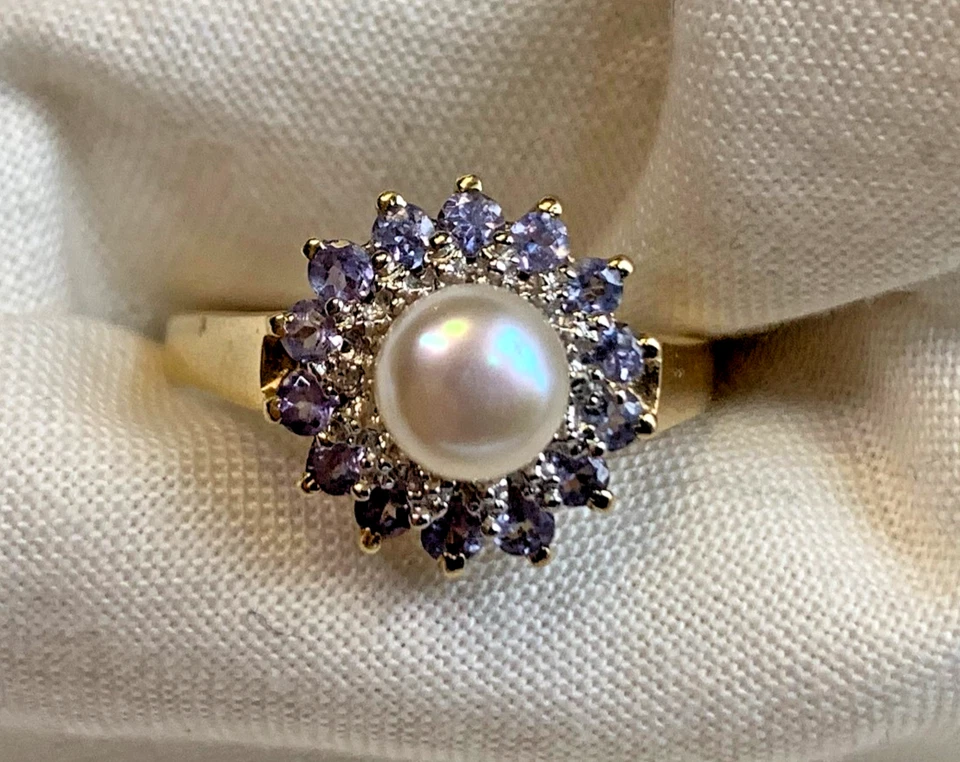 Anillo de perlas de oro amarillo de 10K 2,9 g joyería fina tamaño 7 piedras púrpuras y transparentes *LEER* Foto 3 de 4