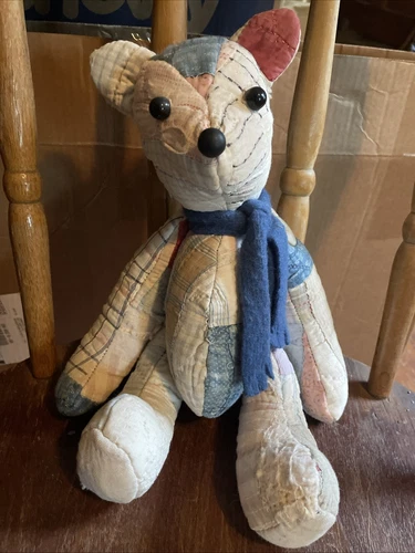 Artist Teddy Bear OOAK made From Antique Quilt 12” Tall Handmade