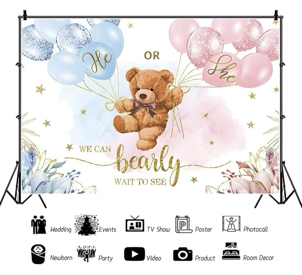 Telón de fondo revelación de género de 10x8 pies bebé oso niño o niña fotografía baby shower Foto 2 de 2