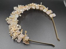 Boho Rose Quartz  Rhinestone Goldtone Floral Tiara Bridal Headband Accessory