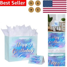 Large Birthday Gift Bag Set Blue Watercolor Elegant Tissue Card Envelope 13 inch