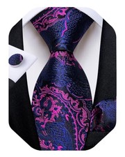 Mens Tie Set Silk Solid Paisley Necktie and Pocket Square Blue and Pink