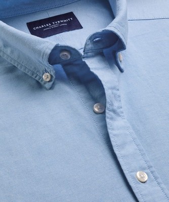Charles Tyrwhitt Short Sleeve Button-Down Stretch Washed Oxford Shirt   Sky Blue