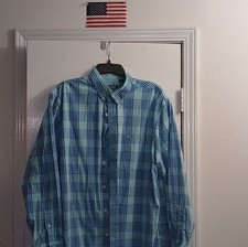 Izod dress shirt blue plaid L/G button down collar very good condition.
