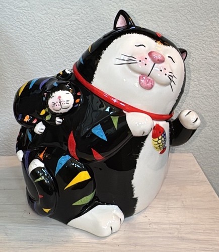 Vtg Black Rainbow Stripe Cat With Kitten Cookie Jar CKAO Whimsical Fish Collar