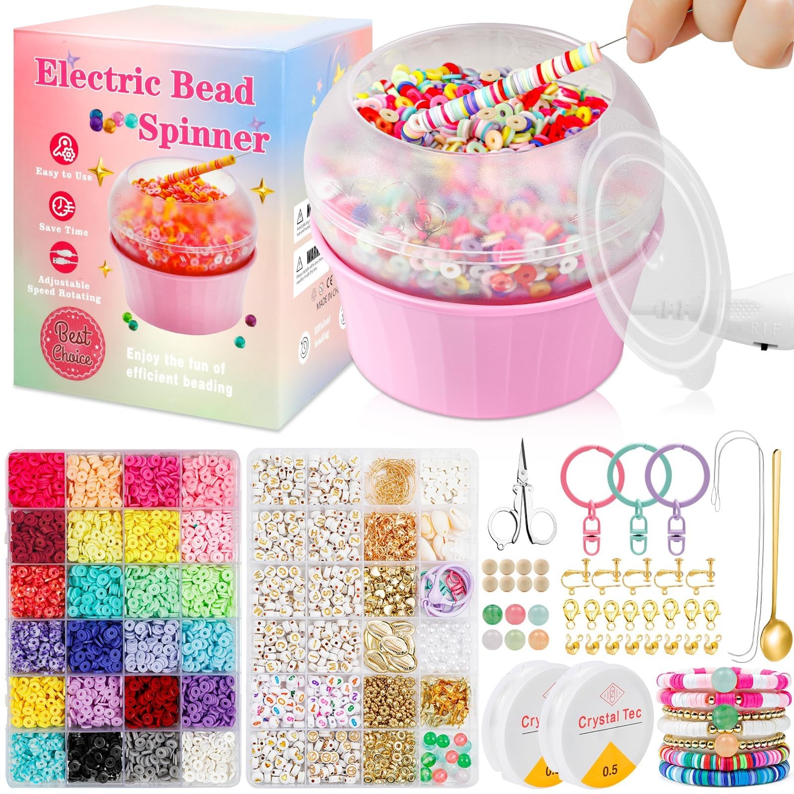 All-in-One Electric Bead Spinner Kit with 7200 Clay Beads for Jewelry Making