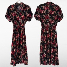 Chaps Black Floral Button Down Midi Dress w/ Waist Belt Flattering Size XL Boho