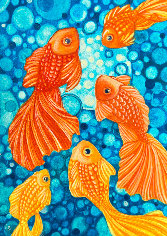 ACEO original Gouache Painting underwater fish scene ‘Bubble Fish’