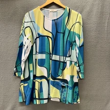 Jess & Jane Tunic Womens Large Blue Green Yellow Abstract Print Pullover Blouse