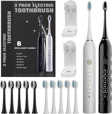 Sonic Electric Toothbrush 2-Pack Rechargeable 12 Heads & Holders Black/White