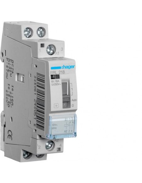 Relais de commande Hager ERL218 16A 12V avec contacts 1F+1O pour tableau électrique